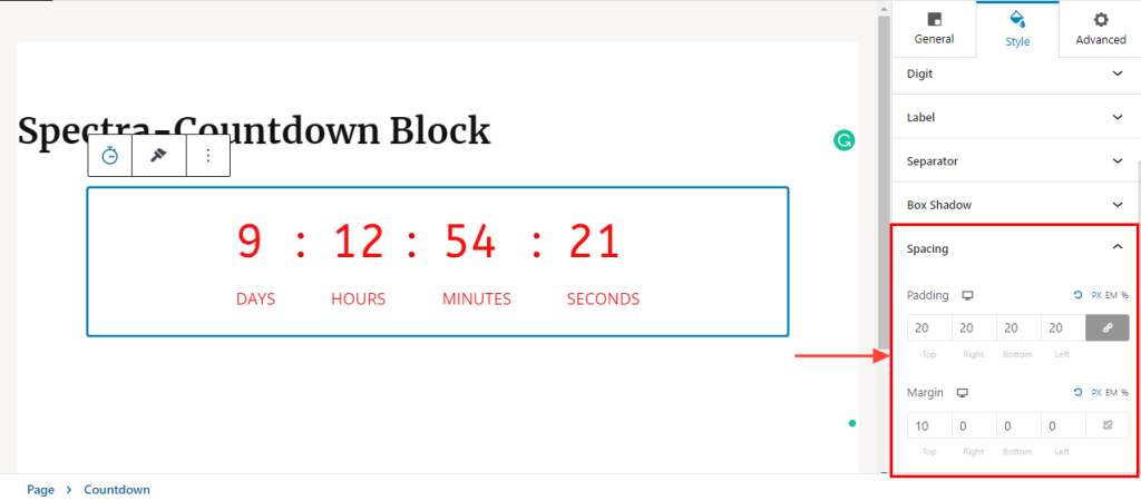Spectra-countdown block-timer-spacing