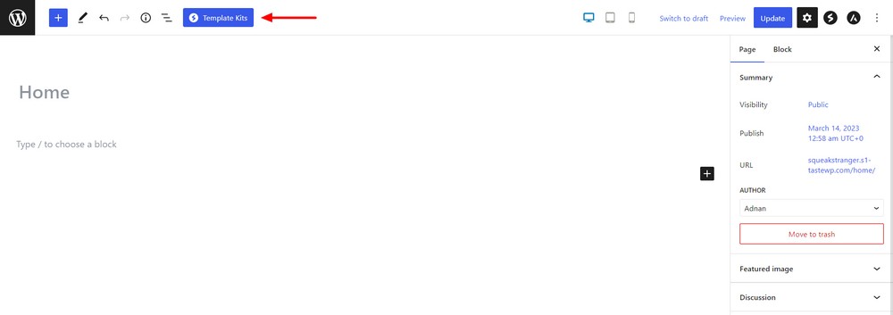 Create a new page and go to Template Kits