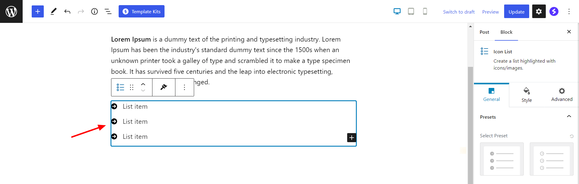 WordPress icon list block with Spectra