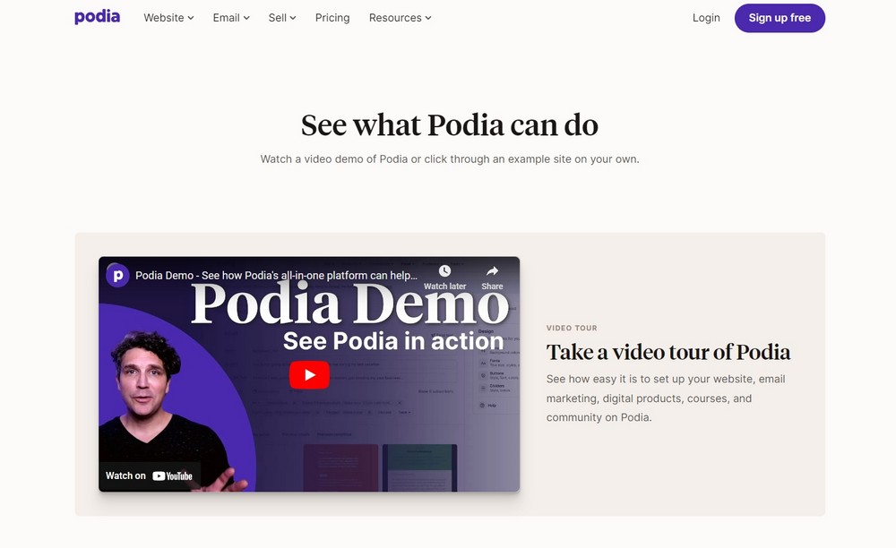 Podia landing page