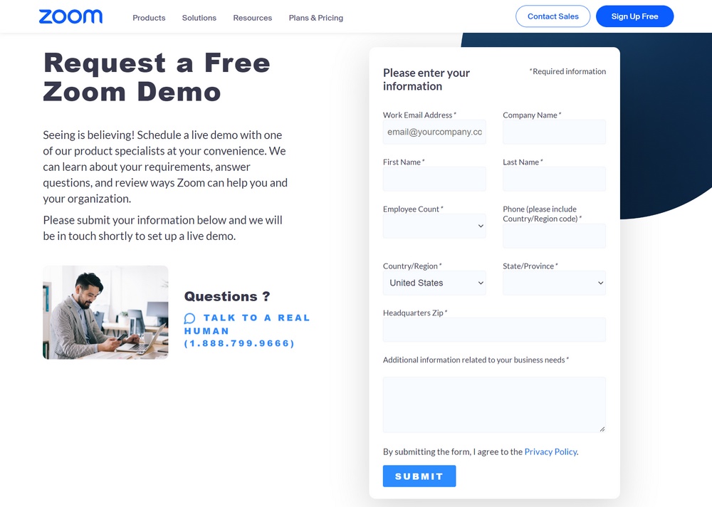 Zoom landing page to request a free demo