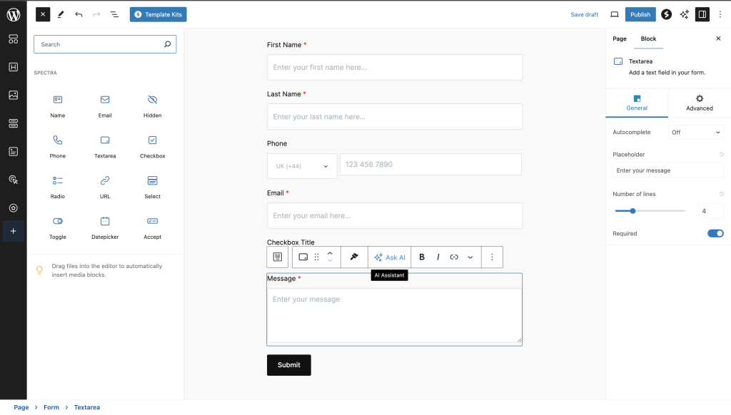 Different form fields available within Spectra Forms block