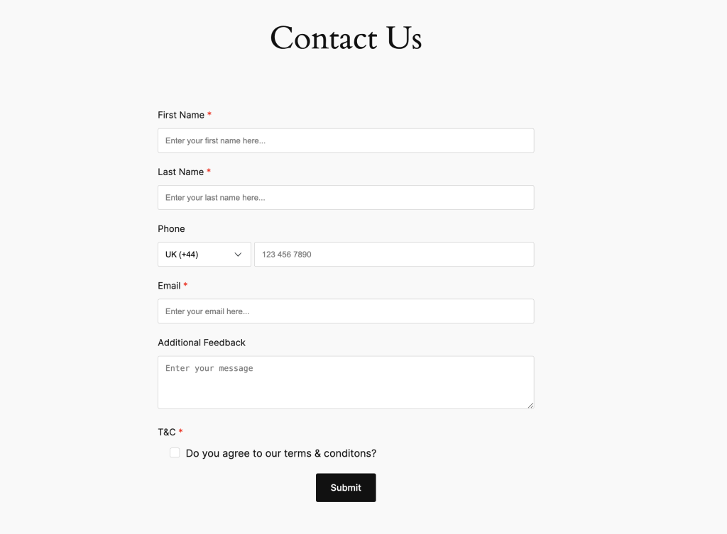 Contact Us page. Preview example