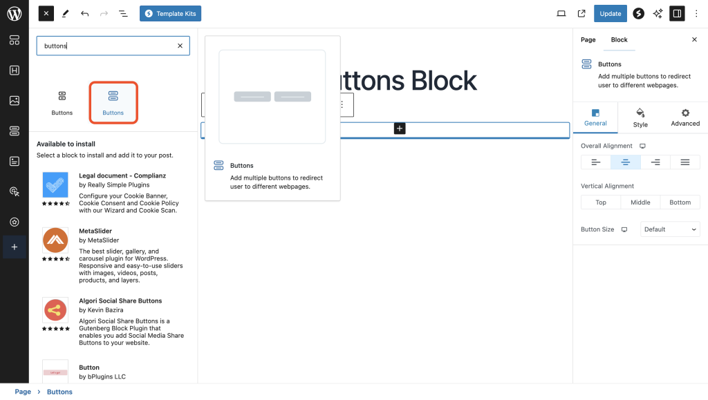 Add "Buttons" block with the following description