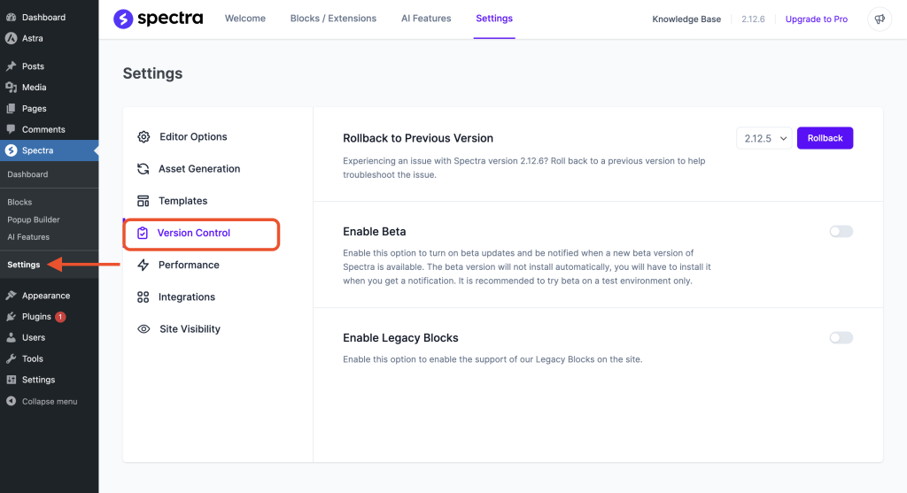 Spectra Settings > Version Control