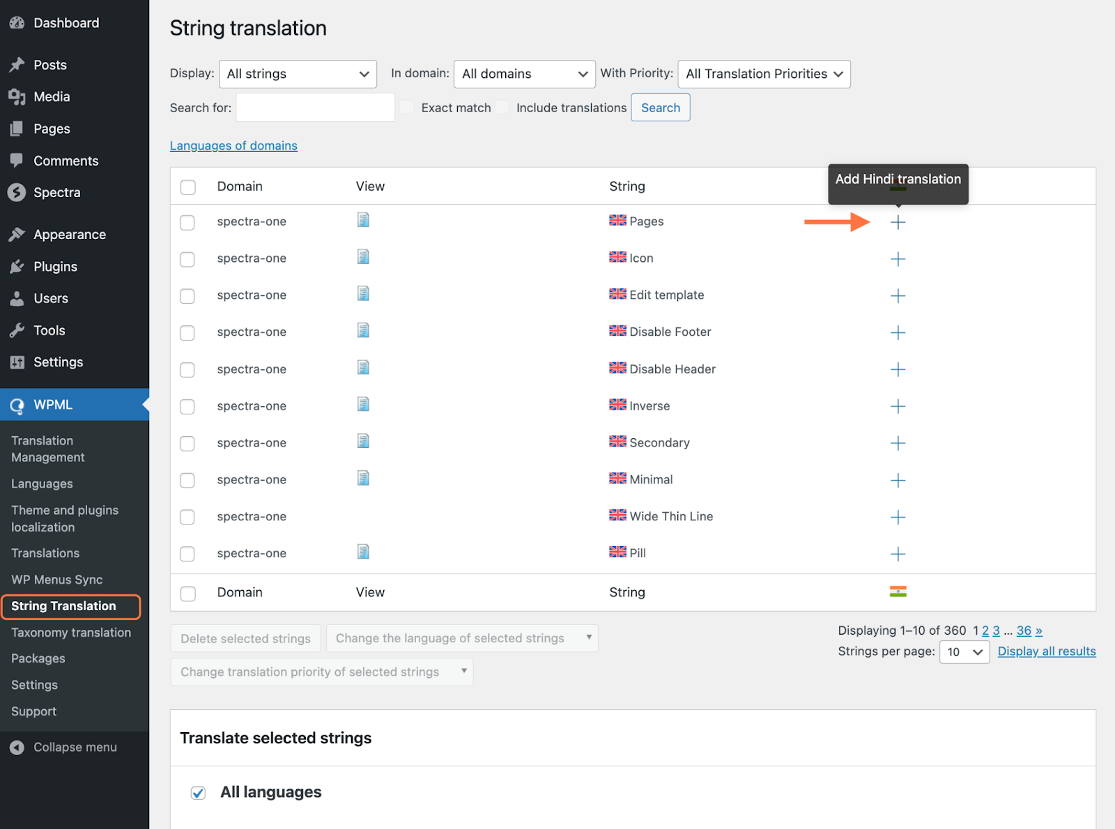 go to WPML > String Translation and search for the text you want to translate. Then, click the plus sign to add your translations.