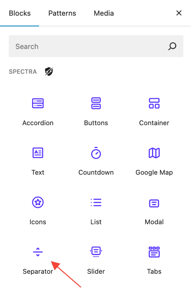 Block inserter showing Separator block in Spectra category